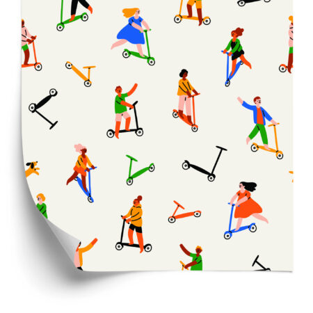 kolorowa tapeta dla chłopca do pokoju hulajnogi skandynawska