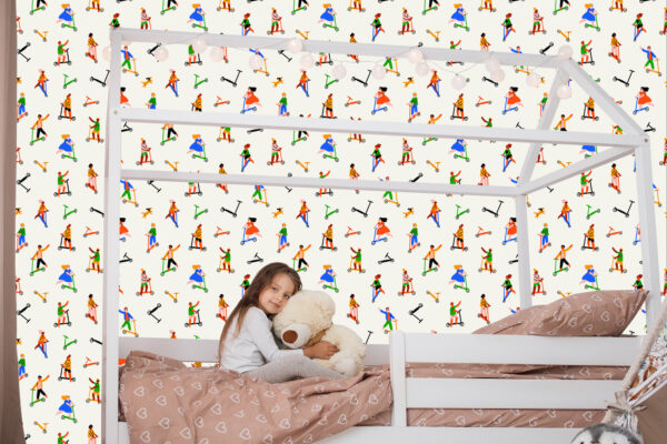 kolorowa tapeta dla chłopca do pokoju hulajnogi skandynawska