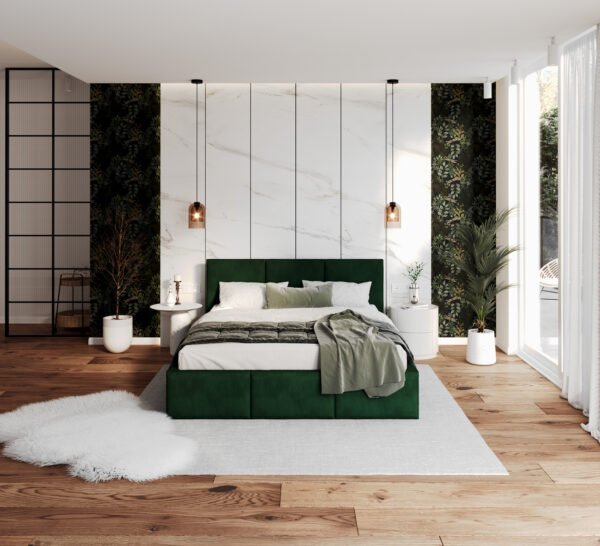 łóżko sypialniane butelkowa zieleń inspiracja łóżko tapicerowane