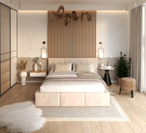 kremopwe łóżko do sypialni welurowe tapicerowane inspiracja sypialnia