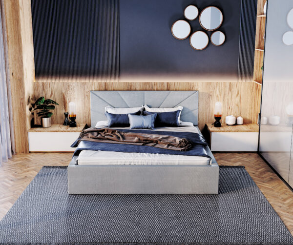 łóżko tapicerowane, podnoszony stelaż, nowoczesna sypialnia, higiena snu, wysoka jakość, trwałość, praktyczność, elegancja, pojemnik na pościel. inspiracja sypialnia boho glamour
