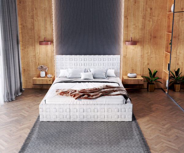 Łóżko do sypialni tapicerowane łóżko z pojemnimiem na pościel sypialnia inspiracja
