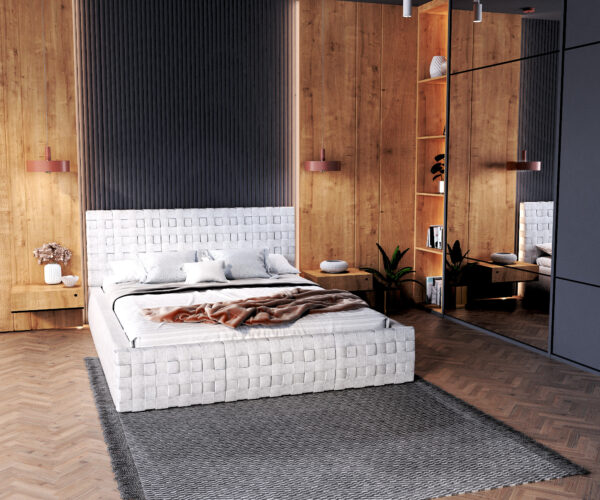 Łóżko do sypialni tapicerowane łóżko z pojemnimiem na pościel sypialnia inspiracja