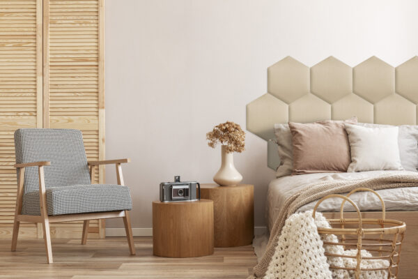 sypialnia salon inspiracja pokój dziecka panele tapicerowane beżowe