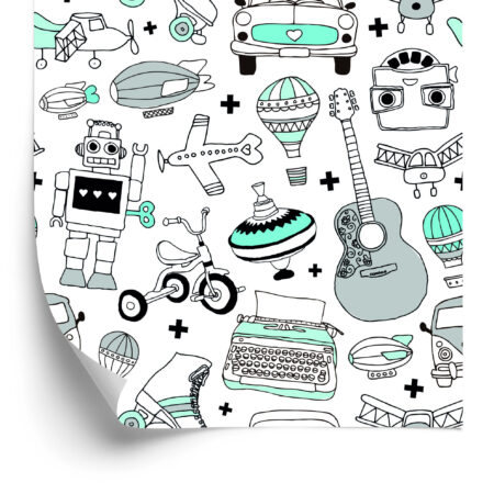 tapeta dla chłopca zabawki minimalistyczna roboty gitara