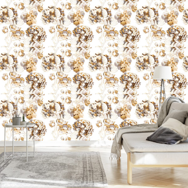 kwiety hortensja kwiat wiśnio tapeta do sypoialni do salonu minimalistyczna glamour biało złota
