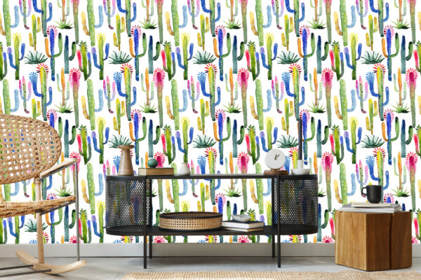 kolorowe kaktusy tapeta do pokoju do kuchni akwarela
