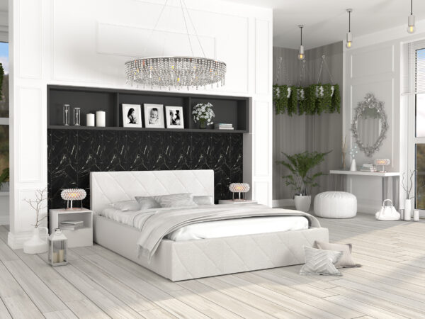 tanie łóżko tapicerowane eleganckie białe inspiracja sypialnia