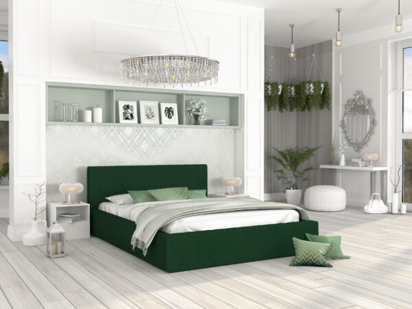 łóżko tapicerowane tanie butelkowa zieleń inspiracja sypialnia