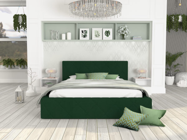 łóżko tapicerowane tanie butelkowa zieleń inspiracja sypialnia