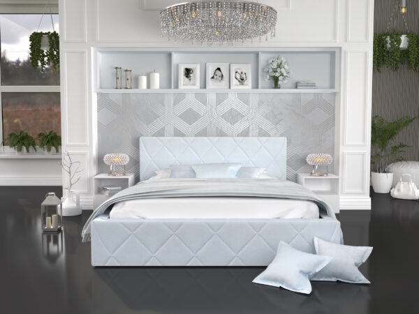 błękitne łóżko tapicerowane tanie do sypialni inspiracja